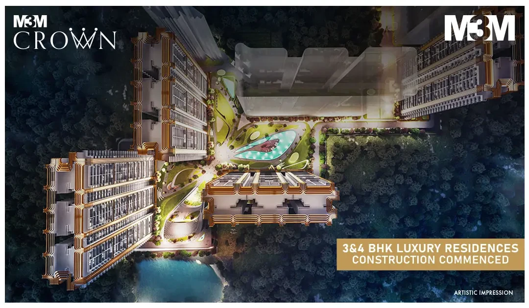 M3M Crown aerial masterplan view — landscaped courtyards and towers